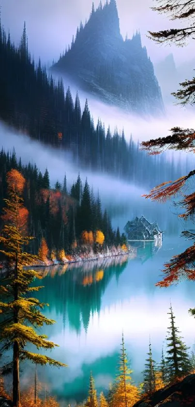 Misty mountain lake with cabin and colorful autumn forest.