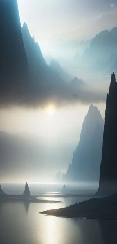 Ethereal mountain landscape with tranquil mist and light.