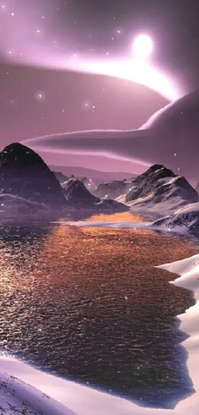 Purple mountain landscape with snowy peaks and serene water reflecting twilight.