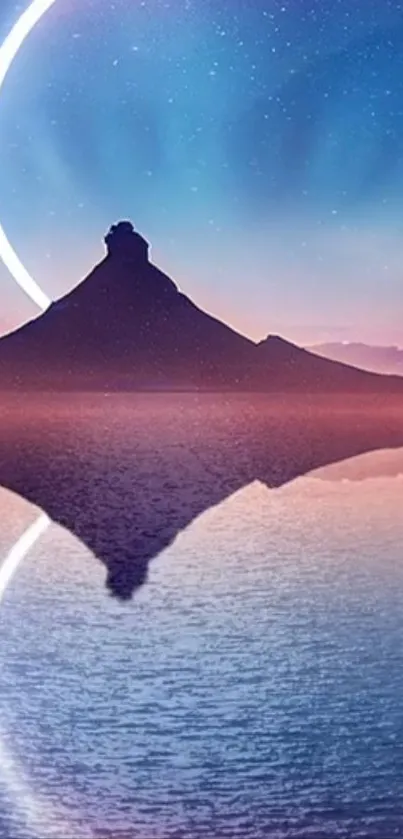 Mystic mountain with serene reflection in moonlit sky and tranquil waters.