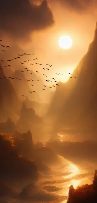 Mystic mountain sunset with birds and glowing sky.