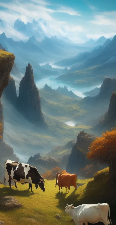 Mountain valley with cattle grazing and serene blue sky.