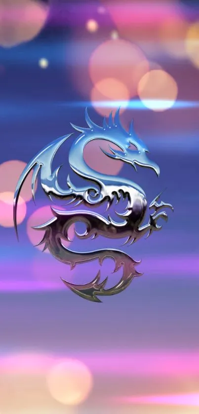 Mystic metallic dragon on neon bokeh background.