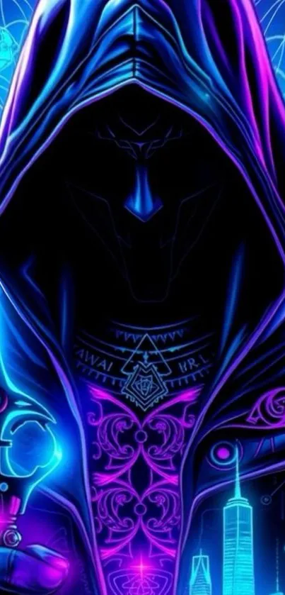 Mystic neon hooded figure with glowing symbols.