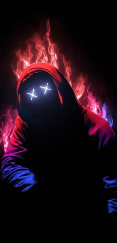 Hooded figure with glowing eyes on neon background.