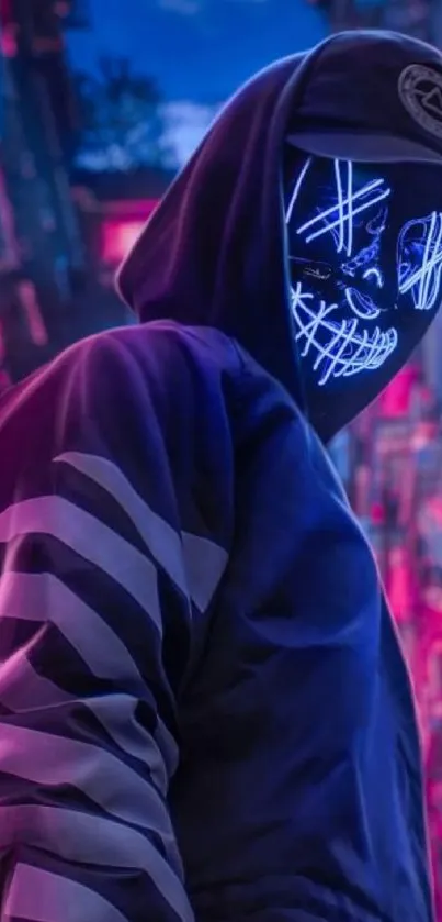 Dark hooded figure with neon mask glowing in urban setting.