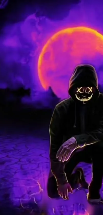 Hooded figure kneeling under a neon purple moon.