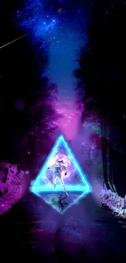 Mystic neon triangle in a cosmic forest with vibrant colors.