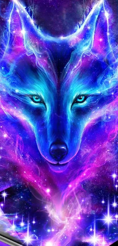 Mystic neon wolf with cosmic colors on mobile wallpaper.