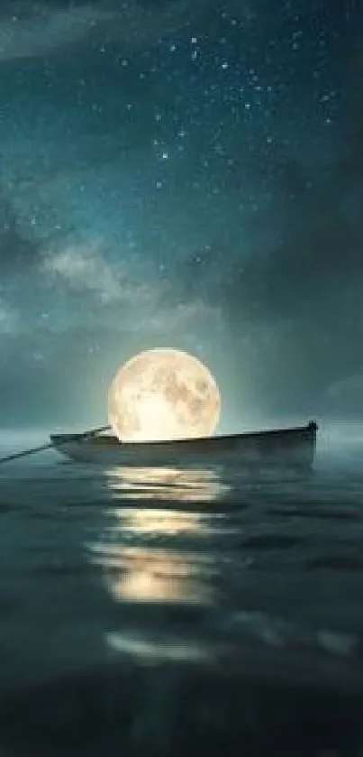 A lone boat under a moonlit sky reflecting on dark teal waters.