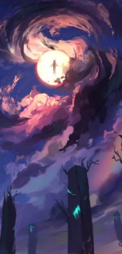 Mystic night fantasy art with a swirling moonlit sky and dark pillars.