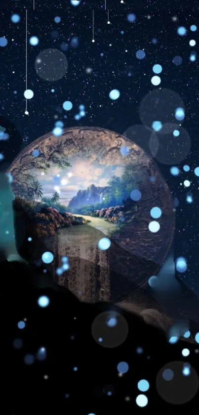 Mystic night wallpaper with stars and a magical landscape globe.