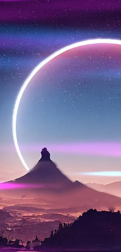 Crescent moon over mountains at night, creating a mystical and serene landscape.