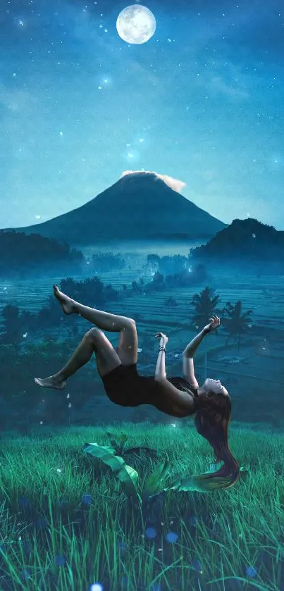 A serene night landscape with a moonlit sky and lush green fields.