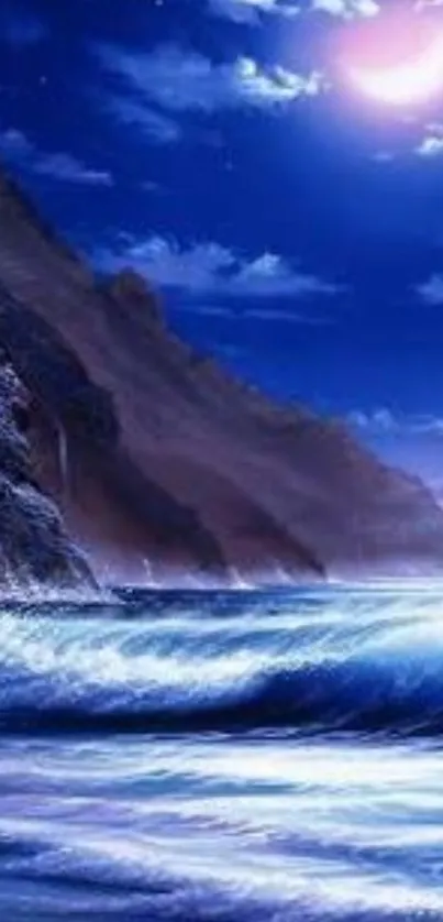 Mystic night ocean with moonlit waves and a serene seaside landscape.