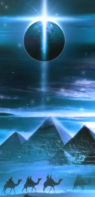 Mystic night over Pyramids with glowing celestial body and camel silhouettes.