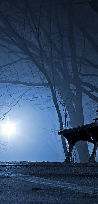 Mysterious park at night with mist and glowing streetlights, featuring a lone bench.