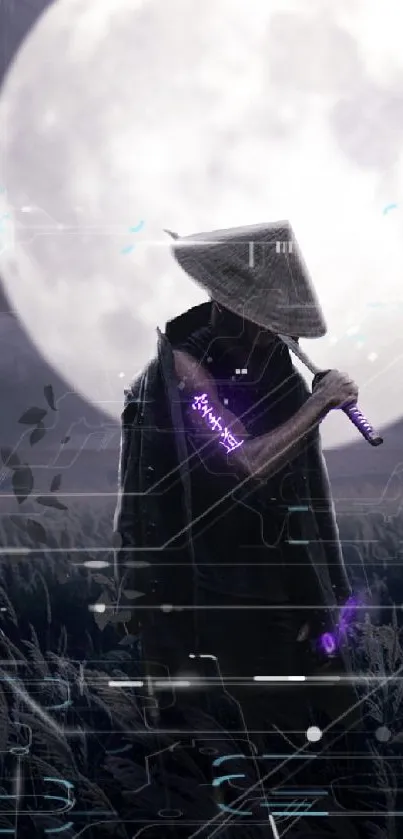 Mystical samurai stands before a full moon with glowing sword.