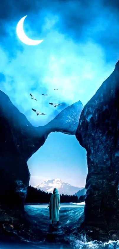 Mystic night sky with crescent moon and ocean landscape wallpaper.