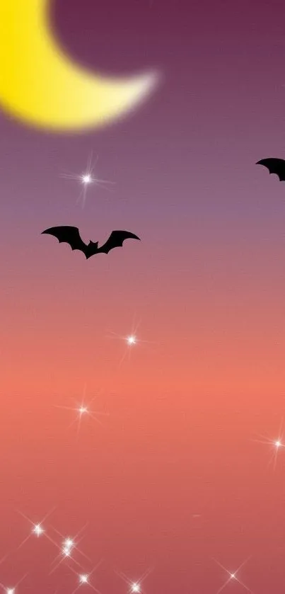 Crescent moon with bats in a purple gradient sky wallpaper.