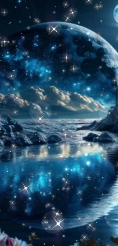 Mystical night sky wallpaper with moon, stars, and a reflecting lake.