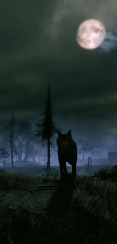 Wolf under a full moon in a dark, eerie forest scene.