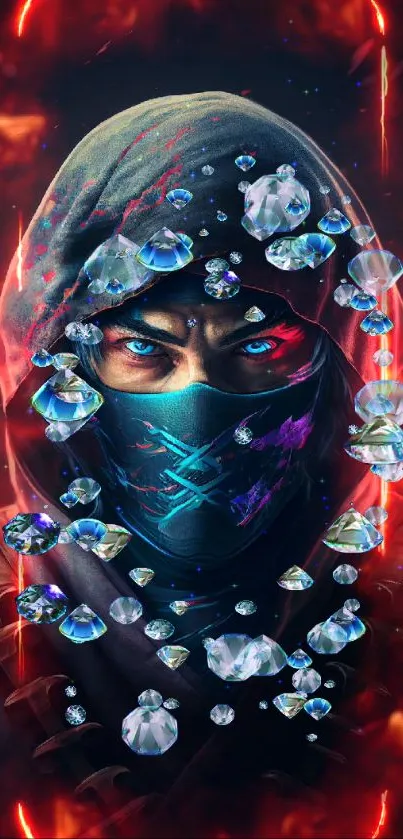 Mystic ninja with glowing eyes in a hooded cloak wallpaper.