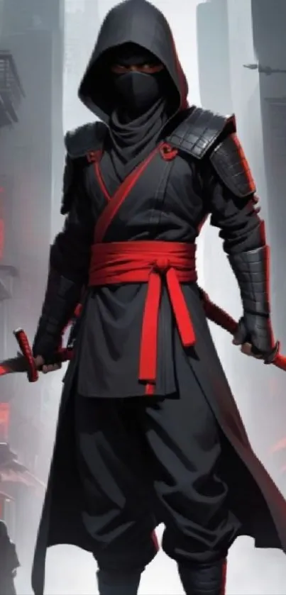 Dark ninja warrior standing in a shadowy urban street with red accents.