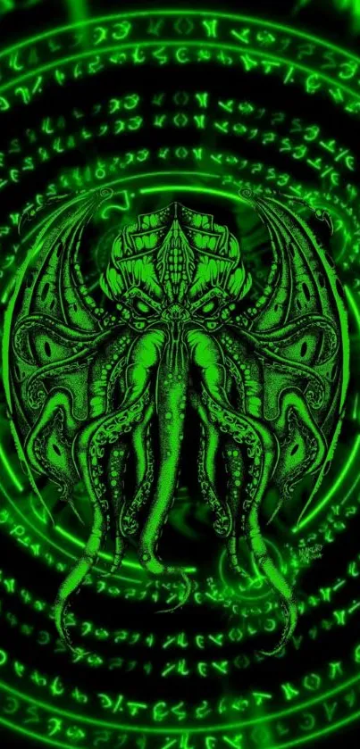 Mystical octopus with glowing symbols in neon green on a dark background.