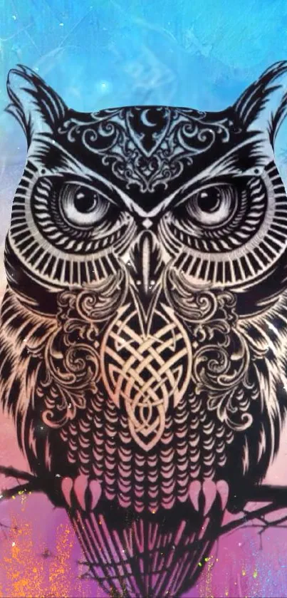 Intricate owl design on a vibrant ombre background.