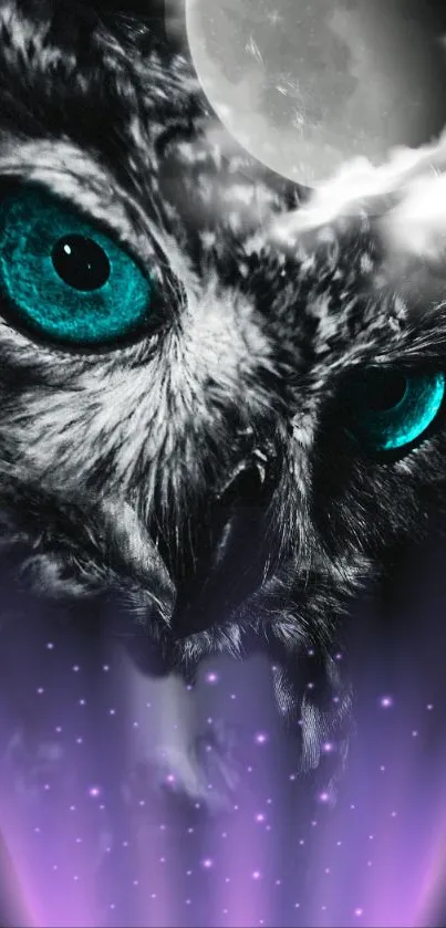 Mystic owl under moonlight with blue eyes and purple glow.