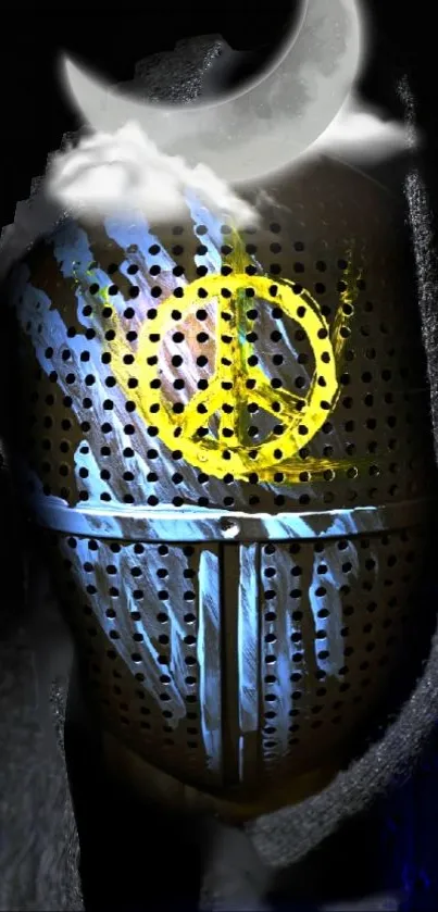 Knight's helmet with peace symbol and moon overlay.