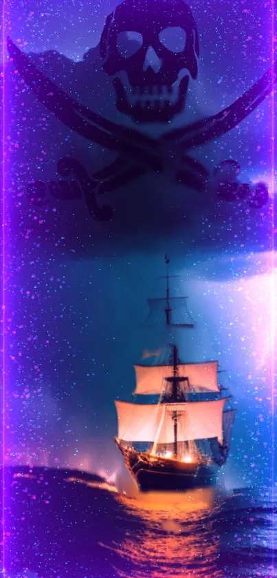 Neon pirate ship with purple glow under starry sky.