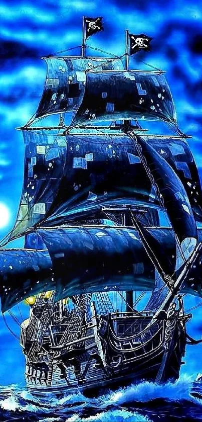 A pirate ship sails under a vivid blue night sky on the ocean.