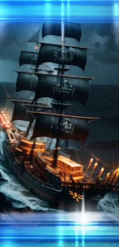 Pirate ship sailing in stormy sea with blue and orange lights.