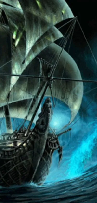 Mystical pirate ship sailing under moonlit night.