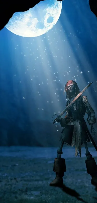 Pirate standing under moonlight in a cave, holding a sword.