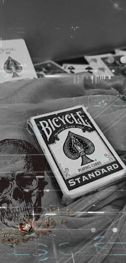 Vintage playing cards and skull design wallpaper with a gothic aesthetic.
