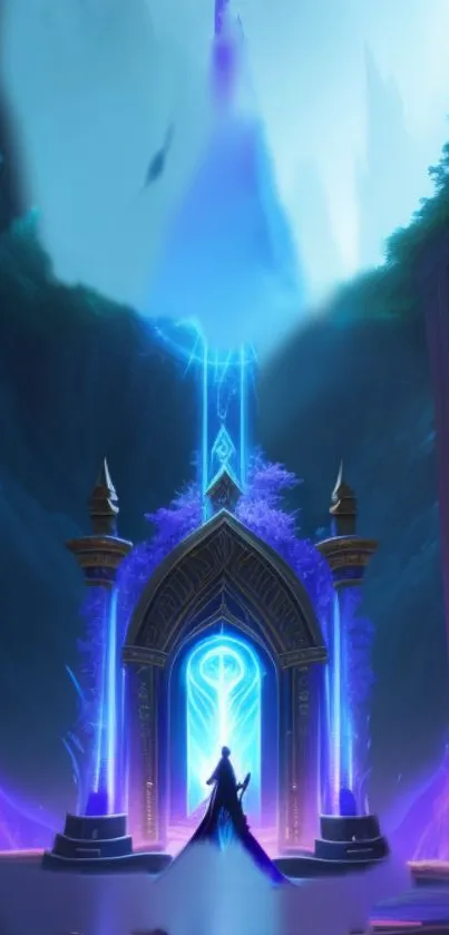 Mystical fantasy portal with glowing blue lights and ethereal design.