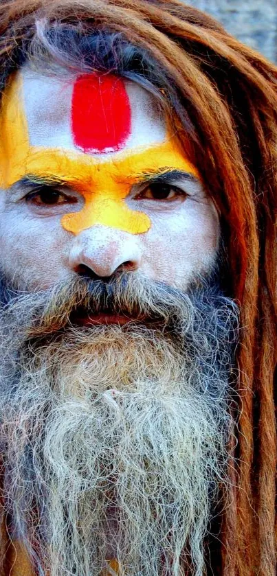 Mystic bearded man with colorful face paint on a mobile wallpaper.