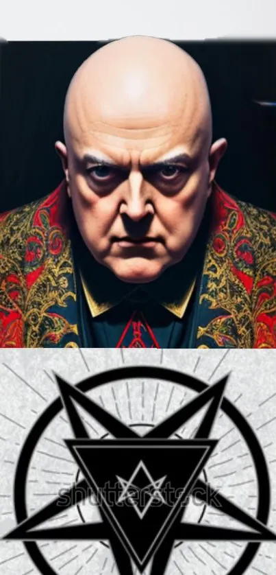 Portrait of a mystic figure in red and gold robes with a pentagram symbol.