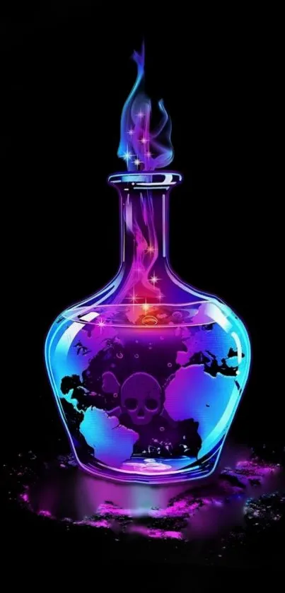 Vivid neon potion with mystical smoke in artistic digital wallpaper design.