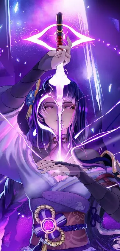 Mystical anime character with a glowing purple sword.