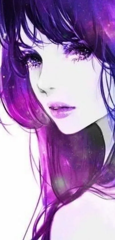 Anime girl in vibrant purple hues with a cosmic background wallpaper.