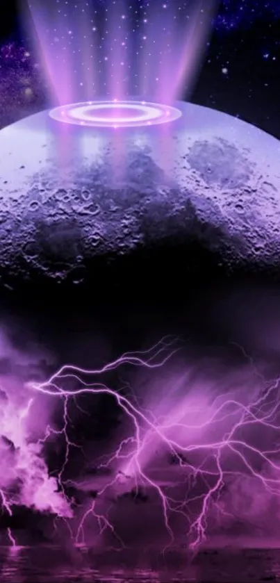 Purple moon with lightning over cosmic landscape wallpaper.