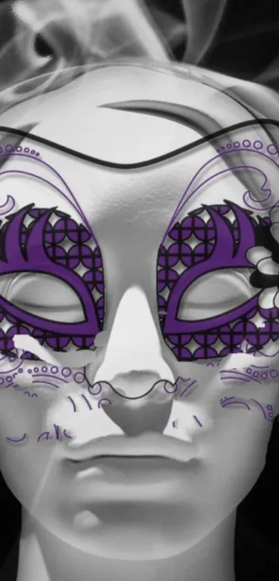 Mannequin with artistic purple mask design.