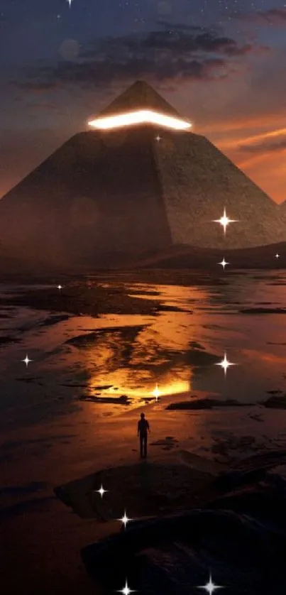 Mystic night scene of glowing pyramids under a starry sky.