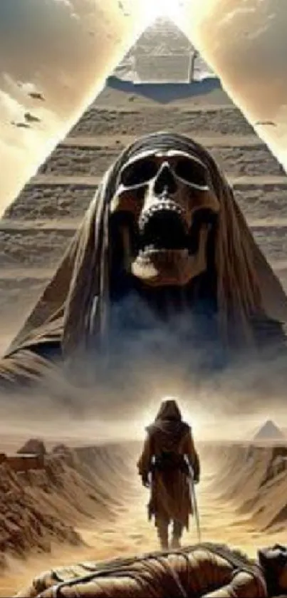 Mystical skull and pyramid mobile wallpaper with desert theme.