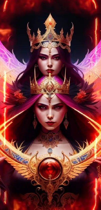 Fantasy art of two mystic queens, vibrant and mystical design.