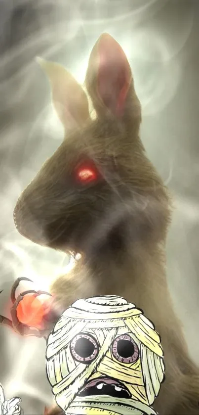 Mystic rabbit in foggy, ethereal Halloween design.